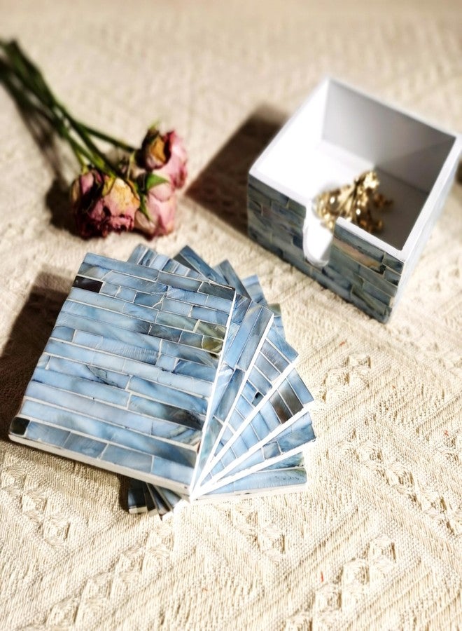i-lan Square Blue Coasters Set of 6 Mother of Pearl Inlay and Wood Base in Brick Design 4x4Inch Modern Mediterranean Table Decor Artistic Drink Pads - Image 5